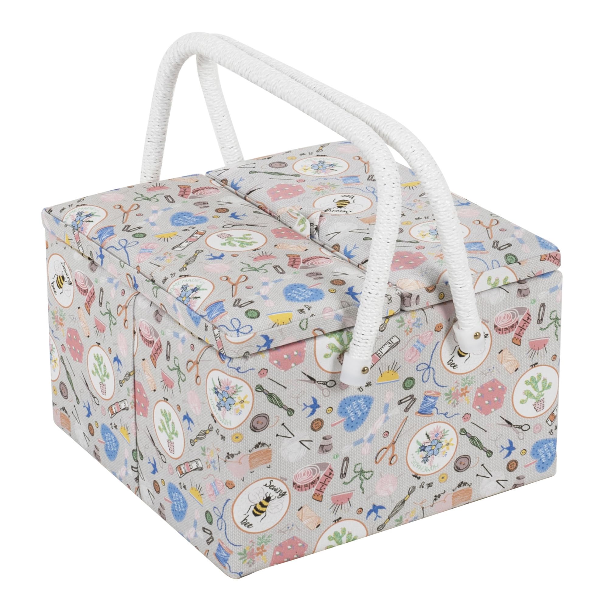 Hobby Gift Large Sewing Box Organiser Twin Lid with Handle - Cotton Basket Sewing Storage Box, Craft Storage Boxes with Compartments for Tools & Accessories - 25 x 25 x 17cm, Haby Notions