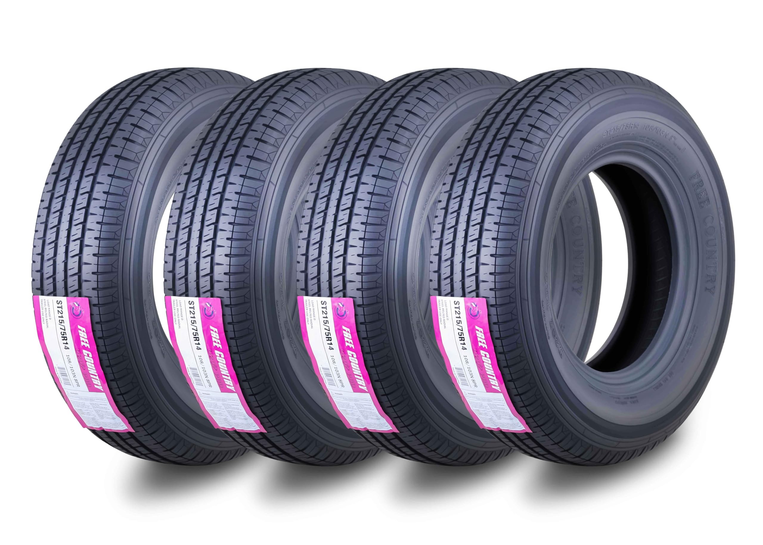 Free Country Grand Ride 4 Trailer Tires ST215/75R14 8 Ply Load Range D Radial Steel Belted Radial with Featured Scuff Guard 11136