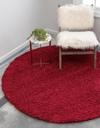 Unique Loom Colección Solid Shag - Alfombra de área (5 pies 3 pulgadas redonda, rojo cereza)