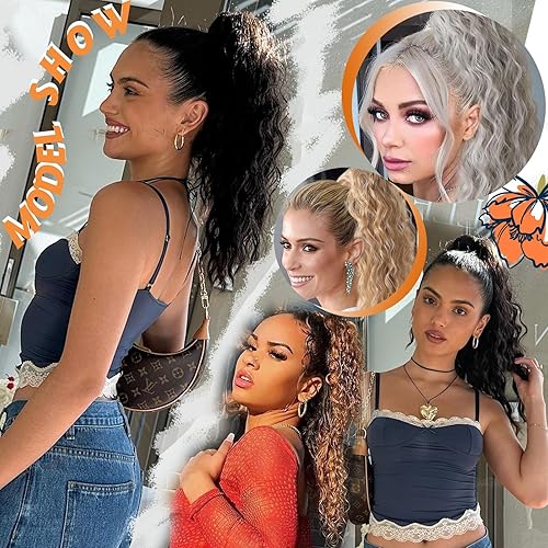 Miniatura 4 de Matthia Extensión de cola de caballo con clip de garra de 18 pulgadas para mujer, extensiones de cola de caballo rizadas y onduladas, extensiones de