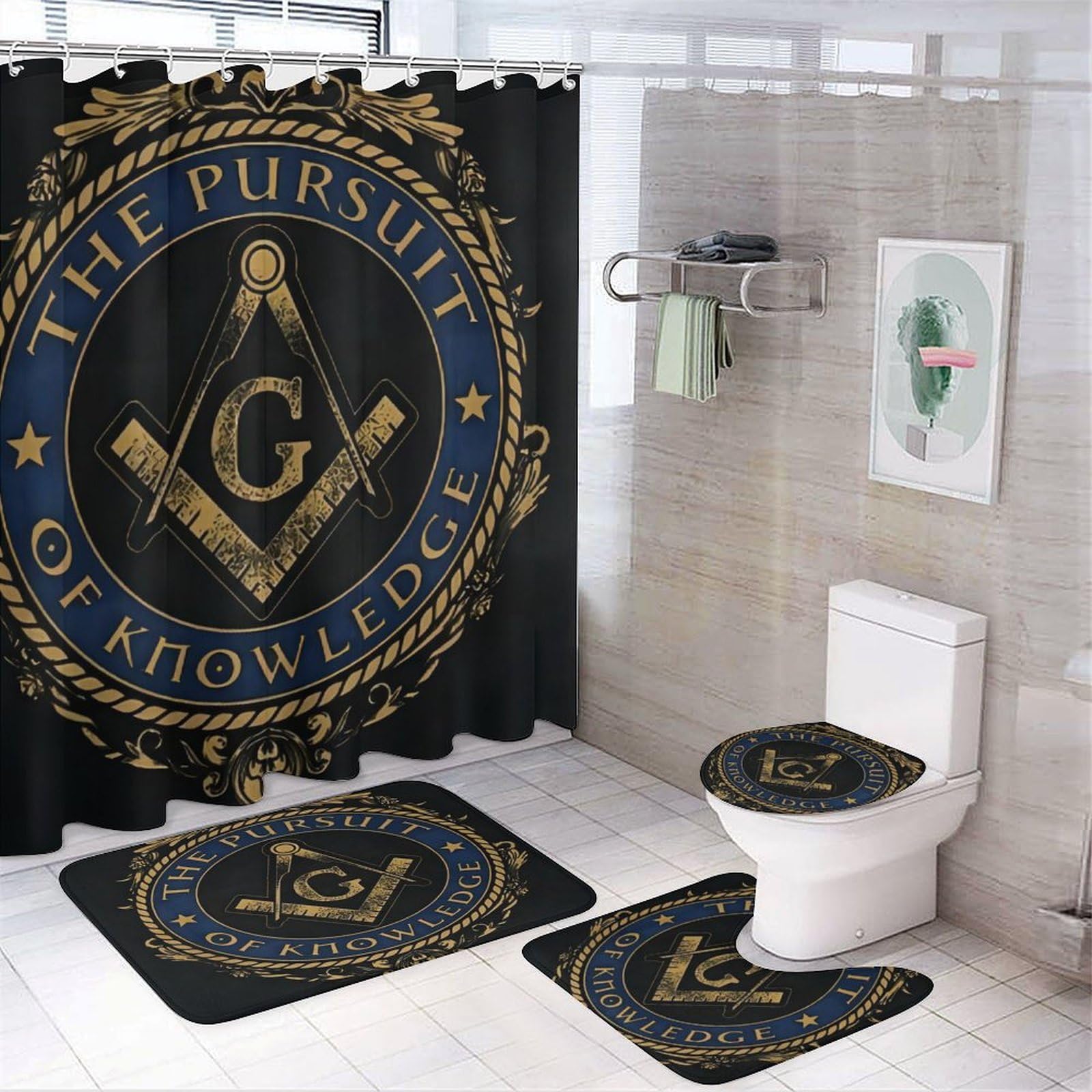 Yandier Masonic Symbols Freemasonry 4 Pcs Shower Curtain Sets Non-Slip Rugs U-Shaped Bath Mat, Toilet Cover, Abstract Geometric Modern Bathroom Set.
