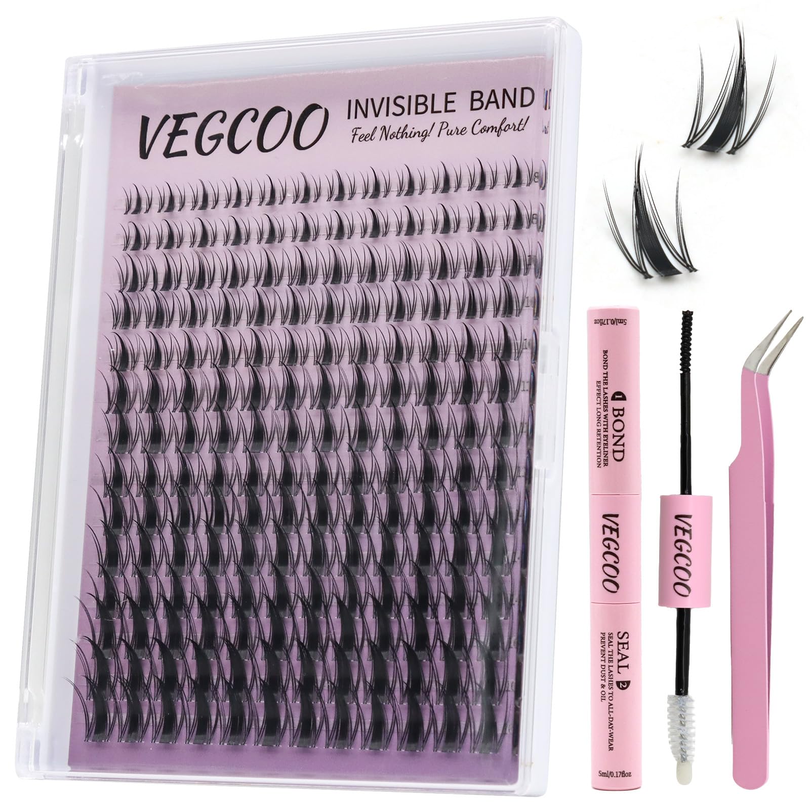 VEGCOO Faux Cils Individuels Noirs 8-16mm C Curl, Extension Cils Kit Style Manga Volume, Cluster Lashes Bande Transparente Invisible avec Outils