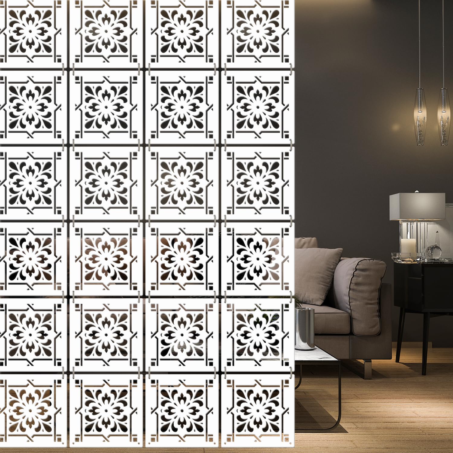 OLIVE TREE Room Partitions Hanging Room Divider Panel Modern Hanging Screen Partition for Decorating Bedding, Dining, Study and Sitting Living Room - White (11.5inch X 11.5 inch) X 12 Panels 8060-image-23