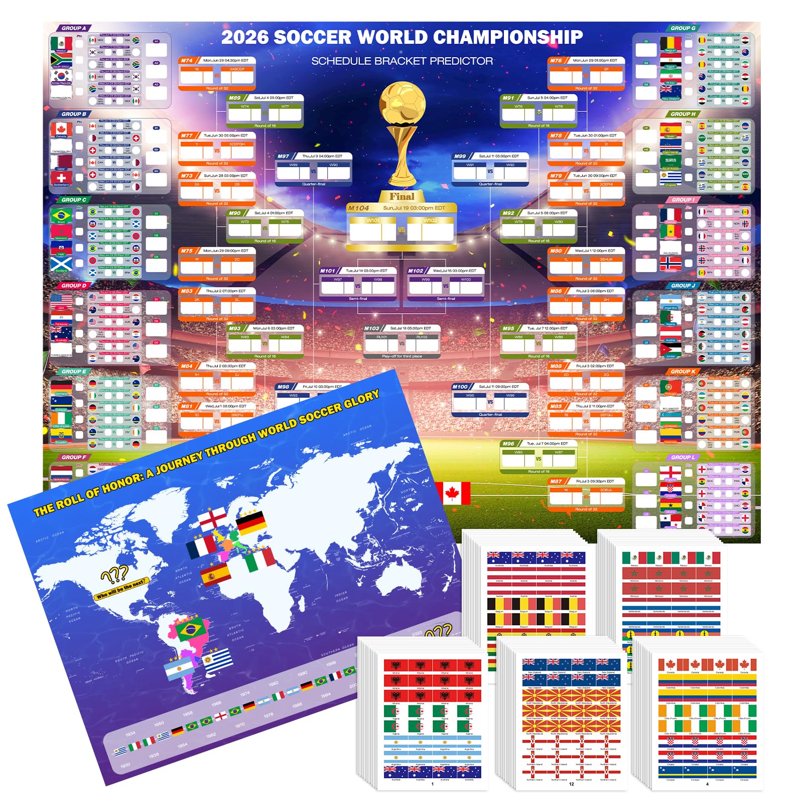 2026 World Soccer Cup Extra Large Schedule Poster 43"x32", 2Pcs Merchandise with 600 Flag Stickers and Predict Champion Poster, Tournament Wall chart for Soccer Fans Gifts Party Decorations