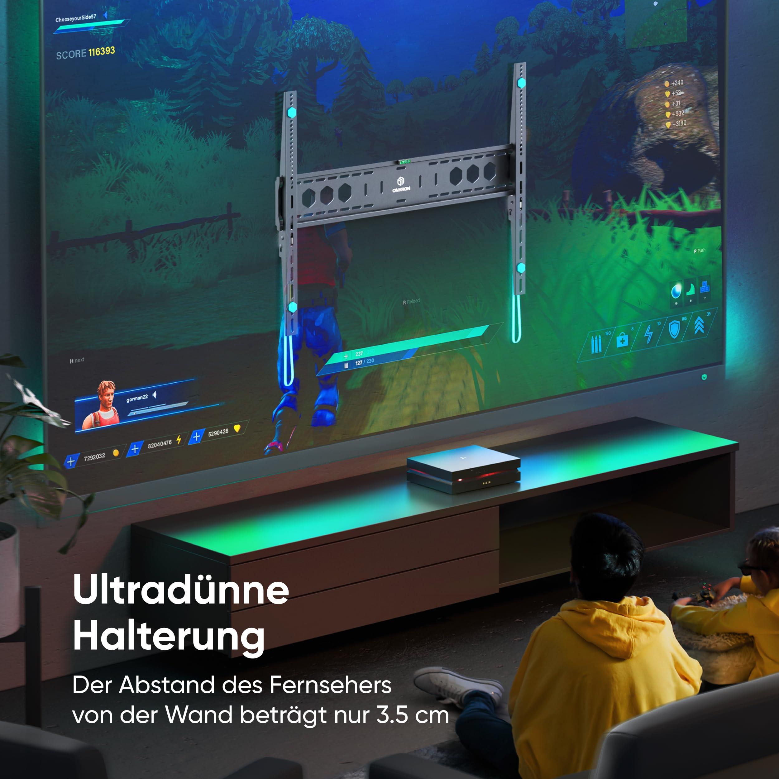 ONKRON TV Wandhalterung flach für 60-110 Zoll Fernseher bis zu 120 kg, Ultra Slim Wandhalterung Fernseher fest, TV Halterung starr mit max VESA 900x600, große Fernsehhalterung Wand Schwarz UF12-B
