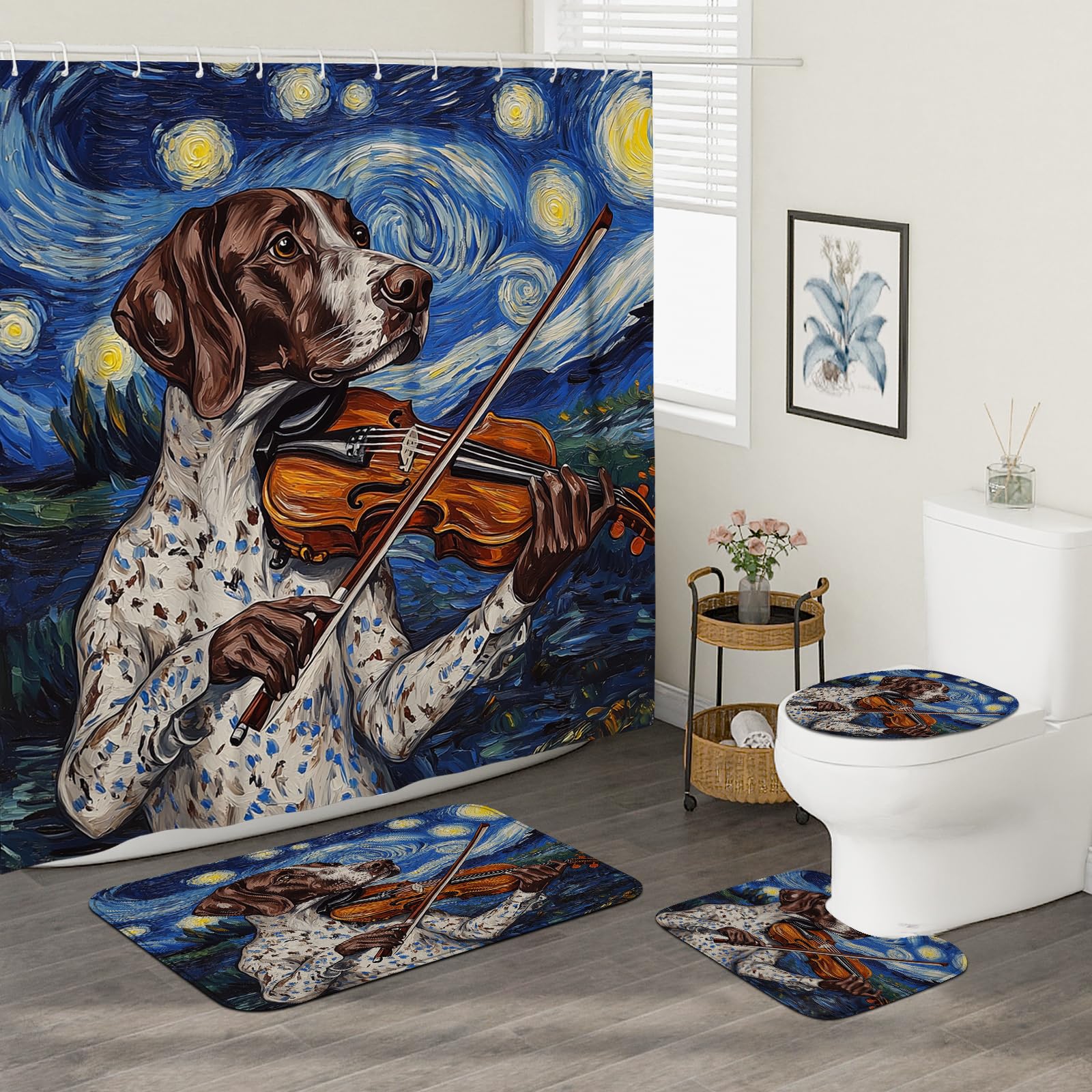 4PCS German Shorthaired Pointer Dog Bathroom Accessory Sets with Non-Slip Rug, U Shape and Toilet Lid Cover Mat, Oil Painting Violin Bathroom Fabric Decor-72''x72''