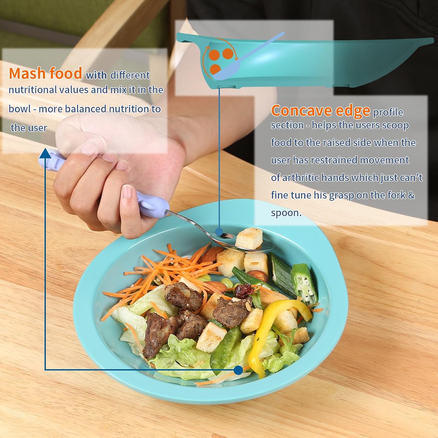 Adaptive Utensils Bowl with Extra Wall,Non-slip and Spill-proof Melamine Bowl for Dementia,Stroke, Tremors,Self-Feeding Dinnerware for Elderly/Parkinsons/Disabled(Melamine Bowl)
