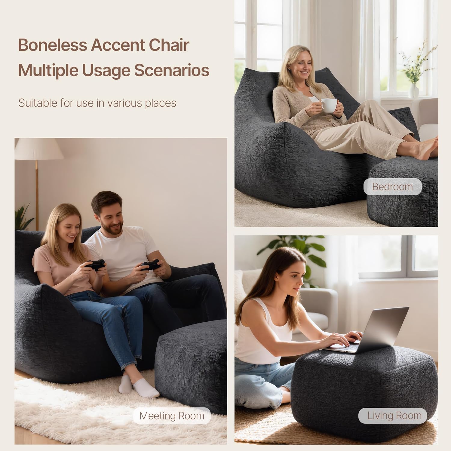 KISLOT Cloud Large Bean Bag Chair with Ottoman for Adults,Ultra Soft Bean Bag with Armrests,Stuffed BeanBag Chair for Napping, Gaming,Vacuum-Compressed for Easy Gifting,48 Hours to Fluffs Up,Dark Gray