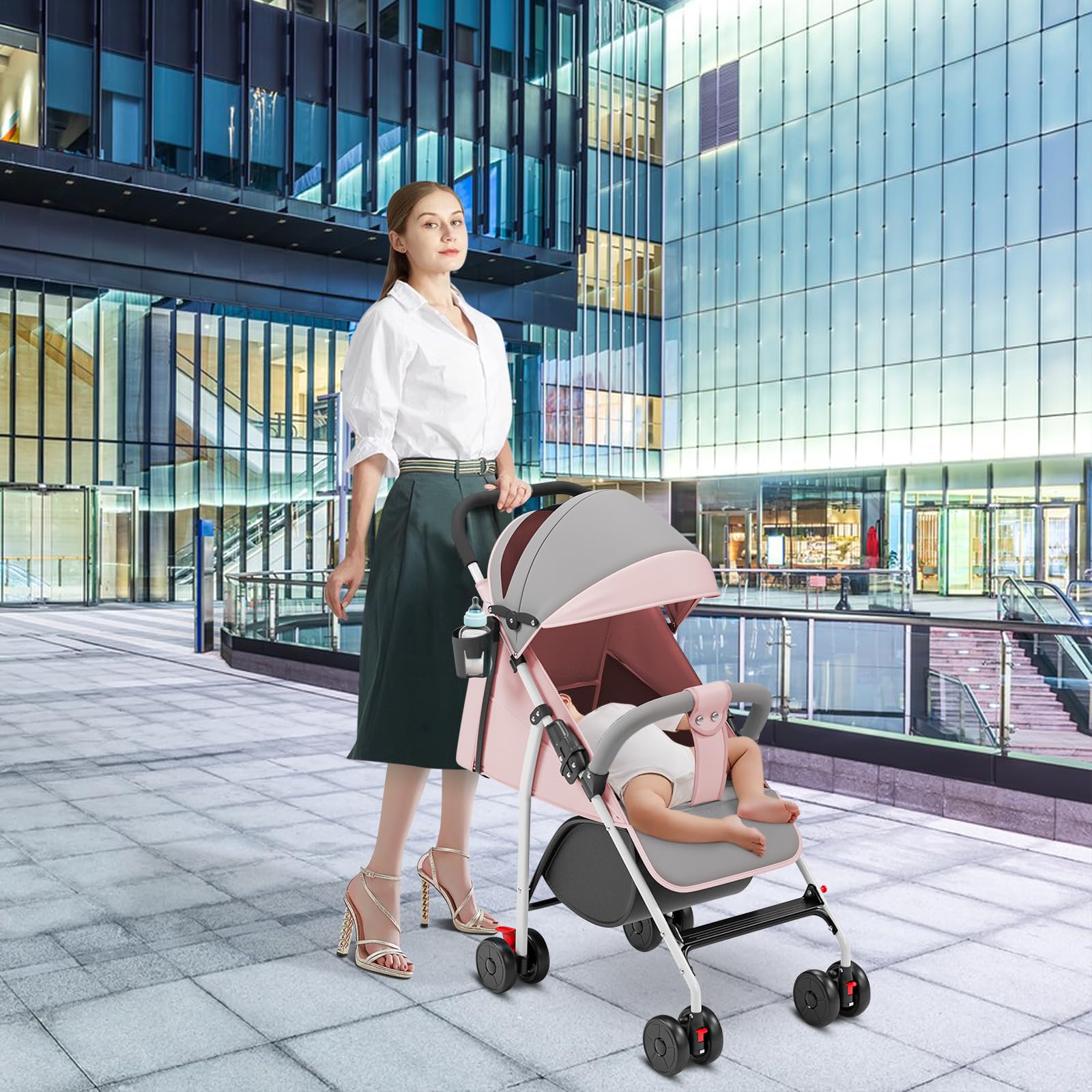 Lekki i kompaktowy wózek, ultralekki, odchylany, pozycja wózka, składany parasol, regulowany baldachim - od urodzenia do 22 kg, bawełniana poduszka + moskitiera + uchwyt na kubek, różowy
