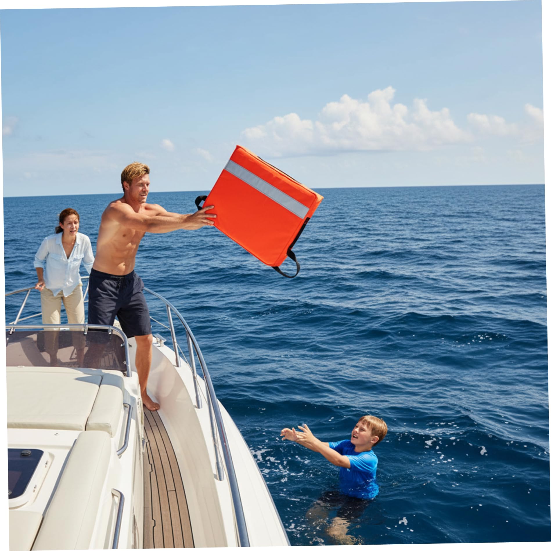 Dispositif de flottaison jetable 35x45x6 cm Coussin de Bateau Orange Haute visibilité avec Bandes réfléchissantes et Sangle Transport pour la sécurité Nautique d'urgence en Piscine