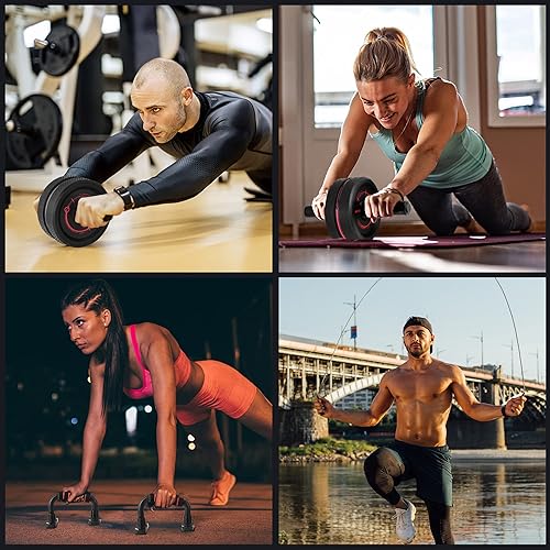 Miniatura 8 de Omecon Kit de rueda de rodillo abdominal, rueda de rodillo para entrenamiento de abdominales con barras de empuje, alfombrilla de rodilla, cuerda de