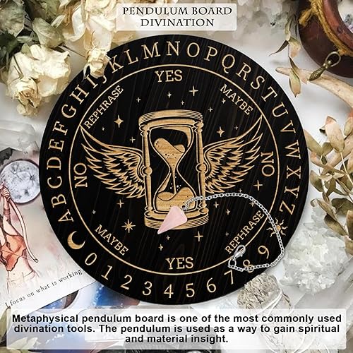 Miniatura 6 de AHANDMAKER Juego de tablero de péndulo, tablero de adivinación de madera para radiestesia, tablero de mensajes metafísicos con collar de péndulo de