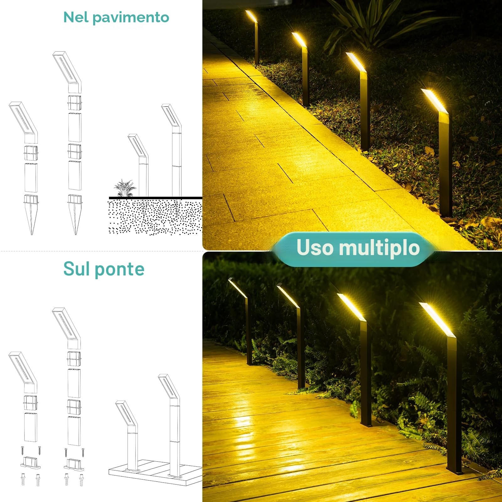 AGOTD Lampada solare per esterni da giardino, 4 pezzi di lampade solari con 3 modalità di illuminazione, illuminazione dei sentieri, IP55, impermeabile, lampada solare da giardino per giardino, ponte,