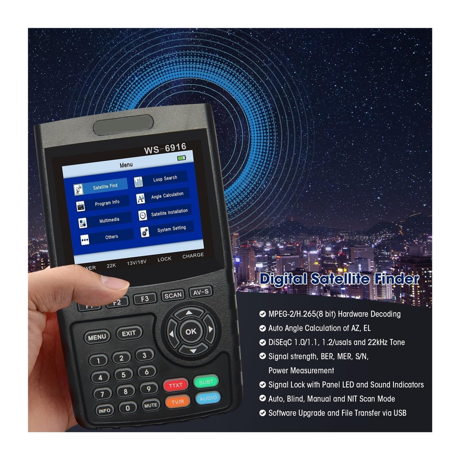 Cercatore satellitare, WS-6916 Misuratore di rilevamento satellitare digitale TV HD del segnale da 3,5 pollici