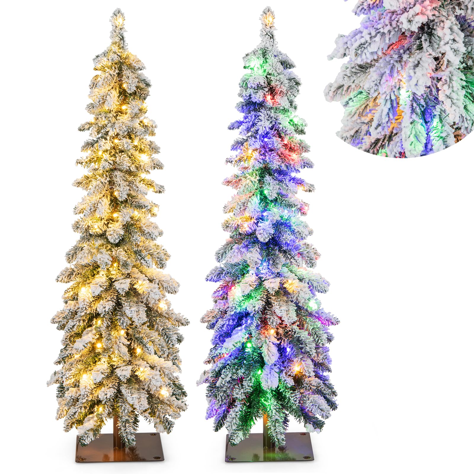 COSTWAY 120cm Bleistift Weihnachtsbaum mit Schnee, LEDs in warmweiß und bunt | 11 Lichtmodi | Timer, künstlicher Tannenbaum mit Beleuchtung & Metallständer, Christbaum Kunstbaum Weihnachten, Weiß