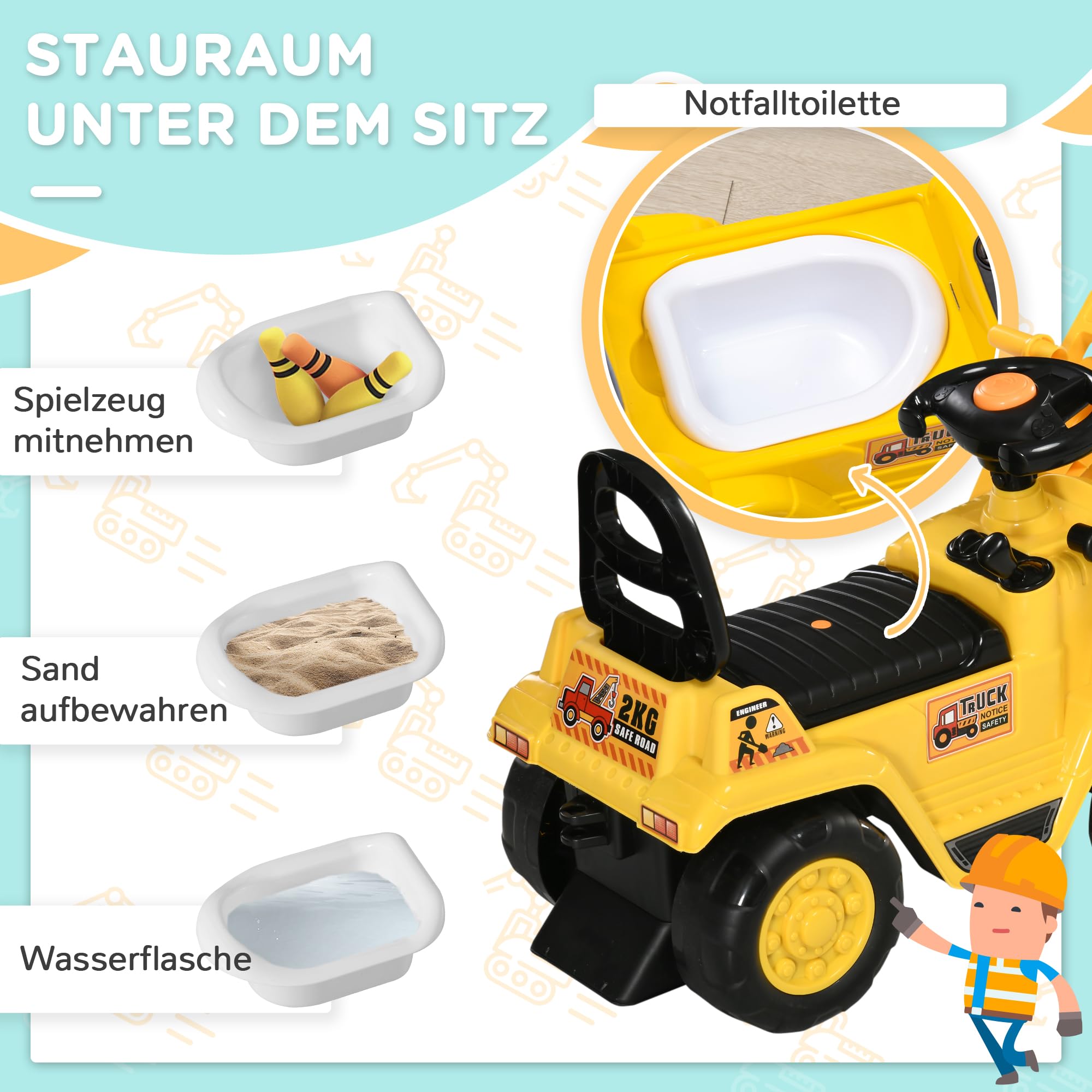 HOMCOM Sitzbagger Aufsitzbagger mit drehbarer Verstellbarer Schaufel, Hupe Kinderbagger mit Stauraum unter Sitz Rutschauto Spielzeugbagger zum Sitzen bis 30 kg, Sandbagger für Kinder 2-4 Jahre Gelb