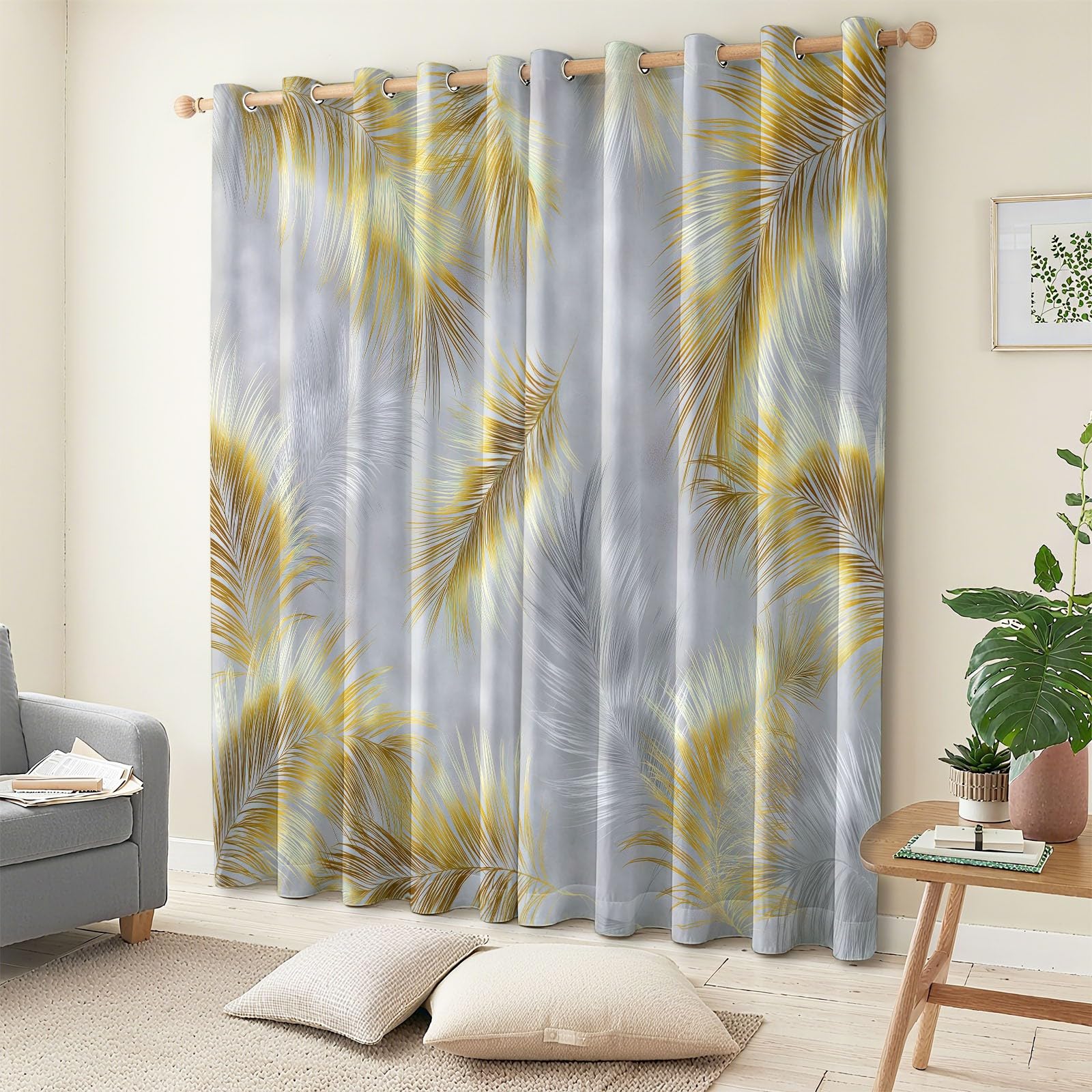 Blickdichte Vorhänge mit Ösen Palmenblätter mit grauem Marmor, Thermovorhang 2er Set 215 x 110 cm Verdunklungsvorhänge mit Kälte - Schallschutz für Wohnzimmer Schlafzimmer, Gardinen