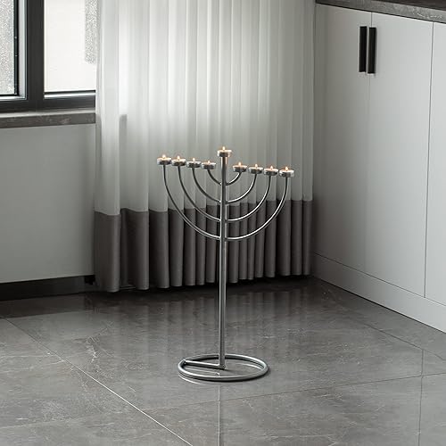 Miniatura 10 de Rama moderna grande de plata 9 que enciende Menorah de Hanukkah del tubo fino, Metal-aluminio