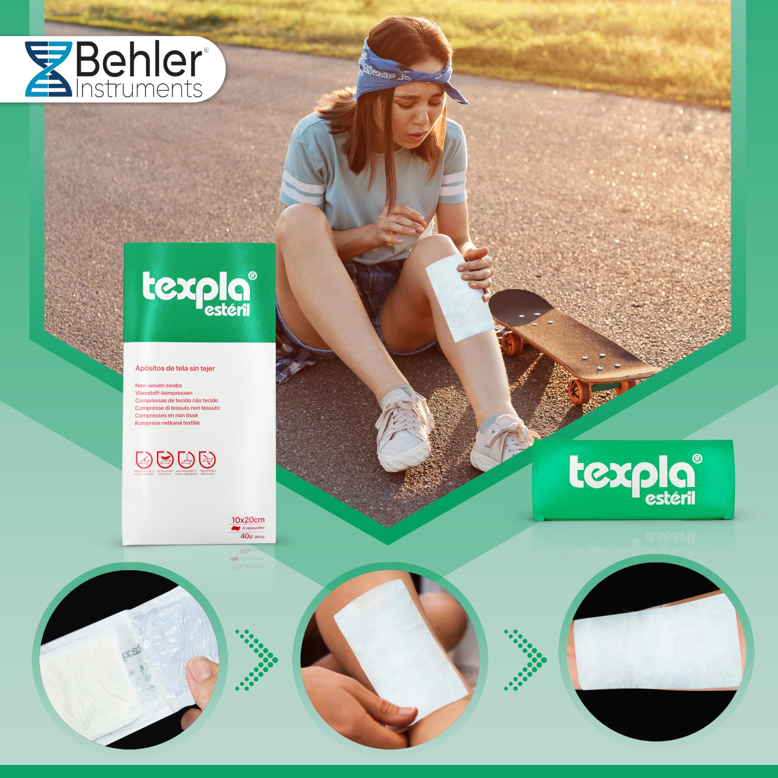 Texpol - Apósitos Estériles de Tejido Sin Tejer - Caja de 40 Unidades (8 Sobres de 5 Apósitos de 10x20, Perfectos para el Cuidado Médico y de Heridas en Casa, Hipoalergénicos (Paquete de 4)