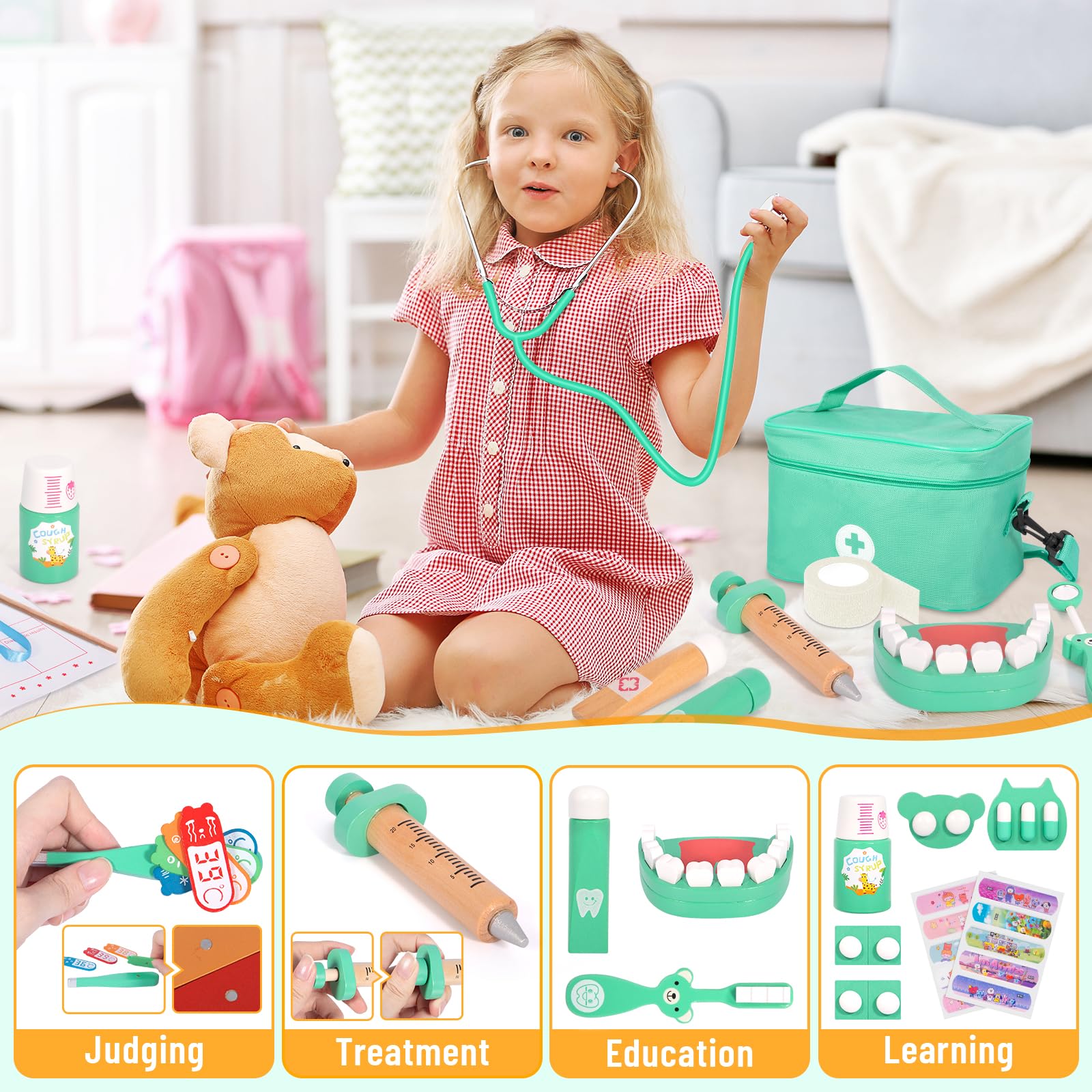 Malette Docteur Enfant,Kit de Médecin Jouets,Jouets de Dentiste pour Enfants,avec Stetoscop Enfant, Thermomètre, Seringue et Plus Kit,Cadeau médical de Jeu de Rôle pour Filles garçons 3-8 Ans