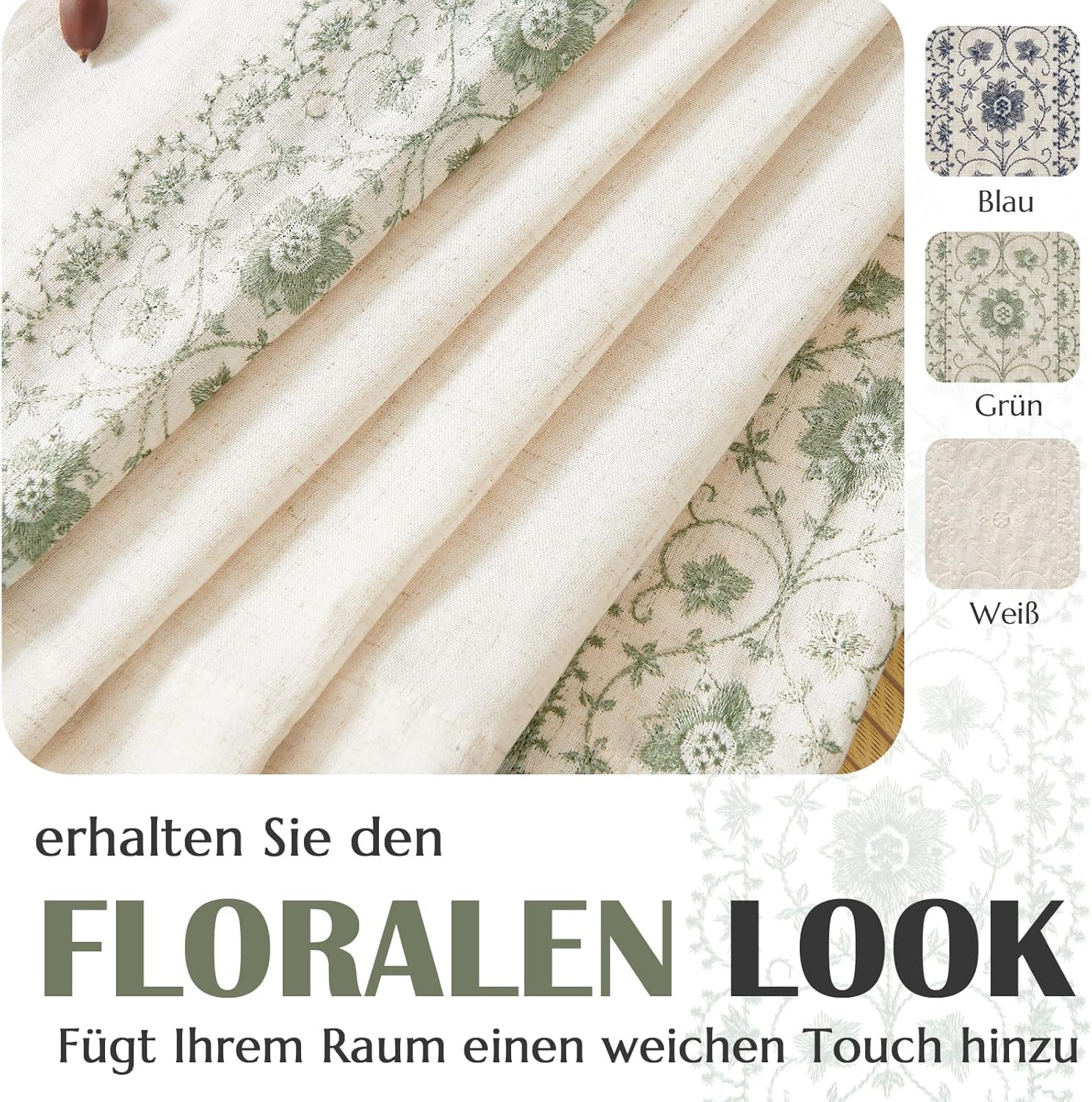 Vangao Zasłony o wyglądzie lnu, 140 szer. x 225 cm, zestaw 2 sztuk, do salonu, kwiaty, zasłony z ukrytymi pętelkami, haftowane, zasłony kuchenne w stylu boho, vintage, do domu, wiejskiego, sypialni
