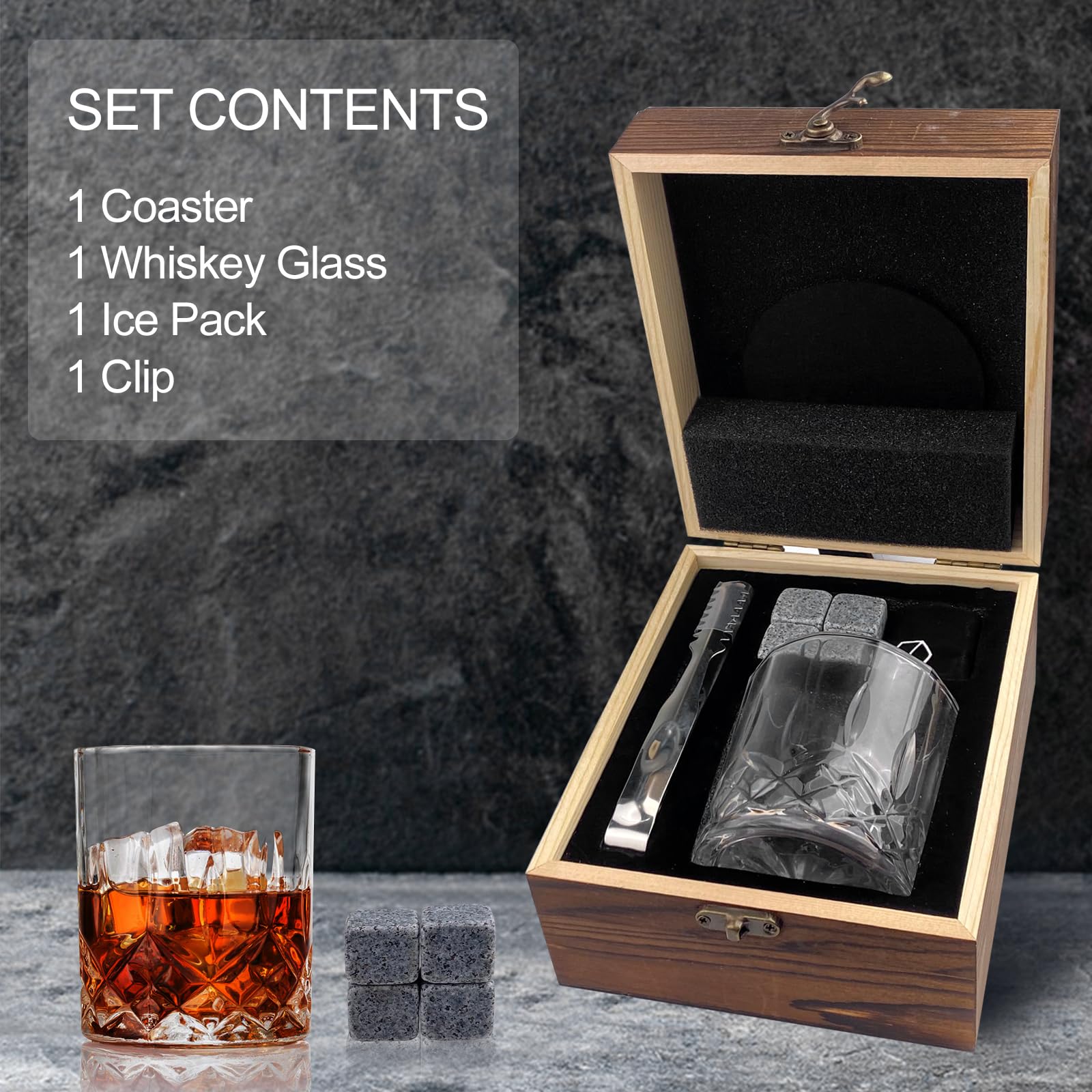 Set di bicchieri da whisky in legno con pietre e sottobicchieri in