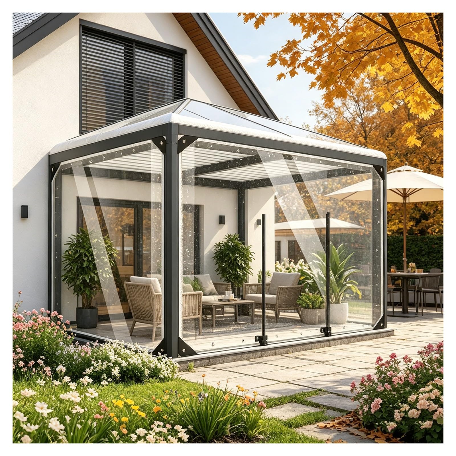 Transparent tarpaulin waterproof with zipper door，clear tarps heavy duty waterproof，clear vinyl tarp，with grommets，outdoor patio cover，for Pergola,Porch,Gazebo,Cabana(H2.8xW2.5m/H9.1xW8.2ft)