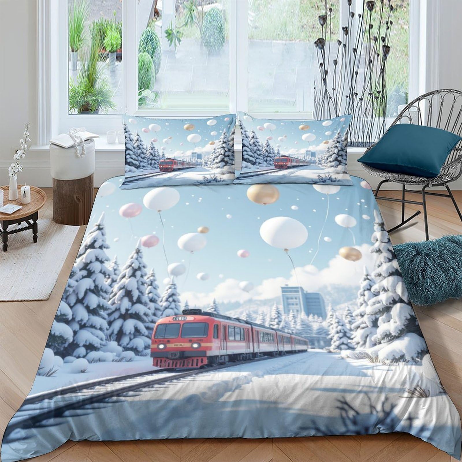 Ctjqhvkz Style-10 3D Printed Winter Snow Forest Fitted Sheet Microfiber Scenic Train Bed Cover For Bedroom Guest Room Easy Care Single（135X200cm）