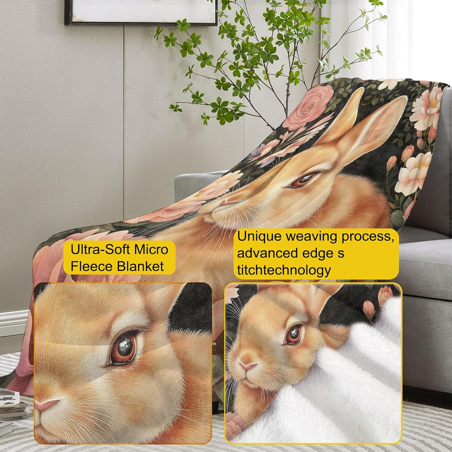 Bunny Blanket, 50"x60" Rabbit Flannel Fleece Throw for Kids & Adults, Ultra-Soft and Warm Home Decor Blanket, Bunny Gifts