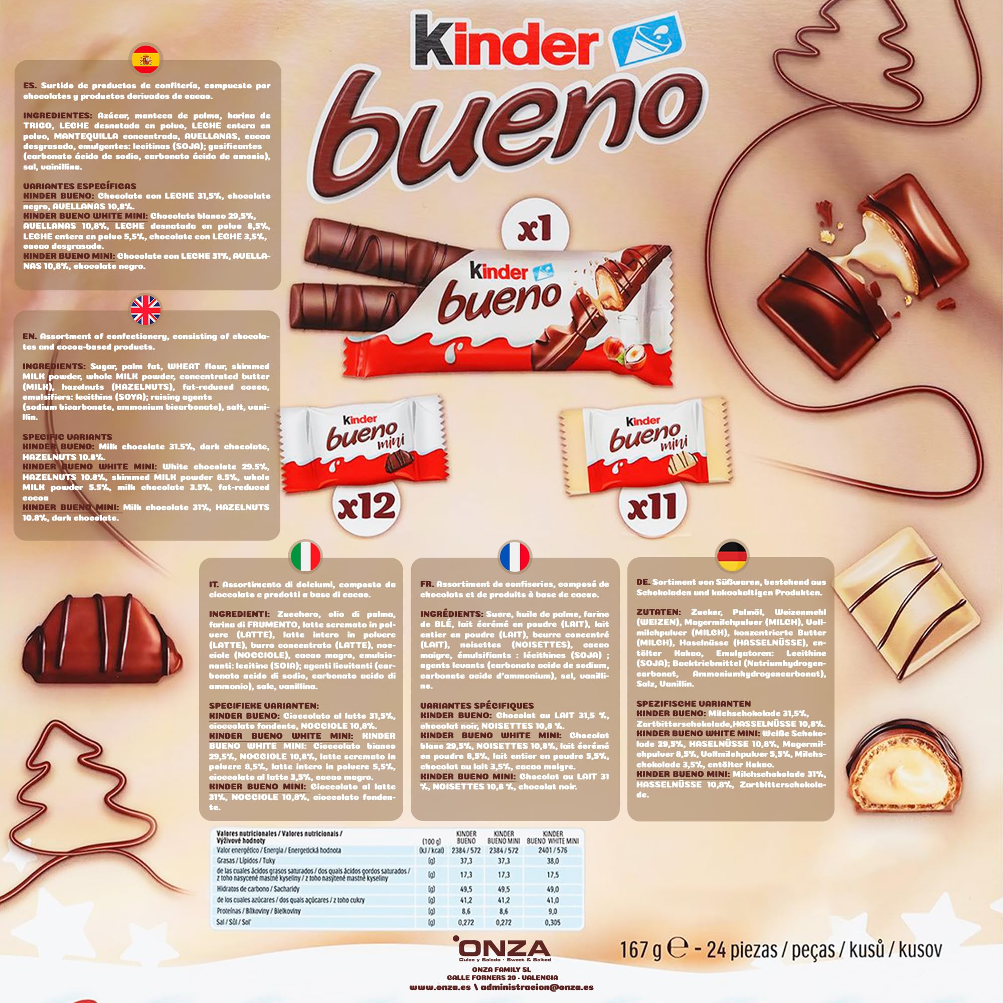 Onza Calendrier de l'Avent Chocolat Kinder Bueno. Cadeau Original pour Noël avec des Chocolats Kinder Bueno et Kinder Bueno Mini. Calendrier de lavent 2024 avec Carte Cadeau de Noël. (167 grammes)