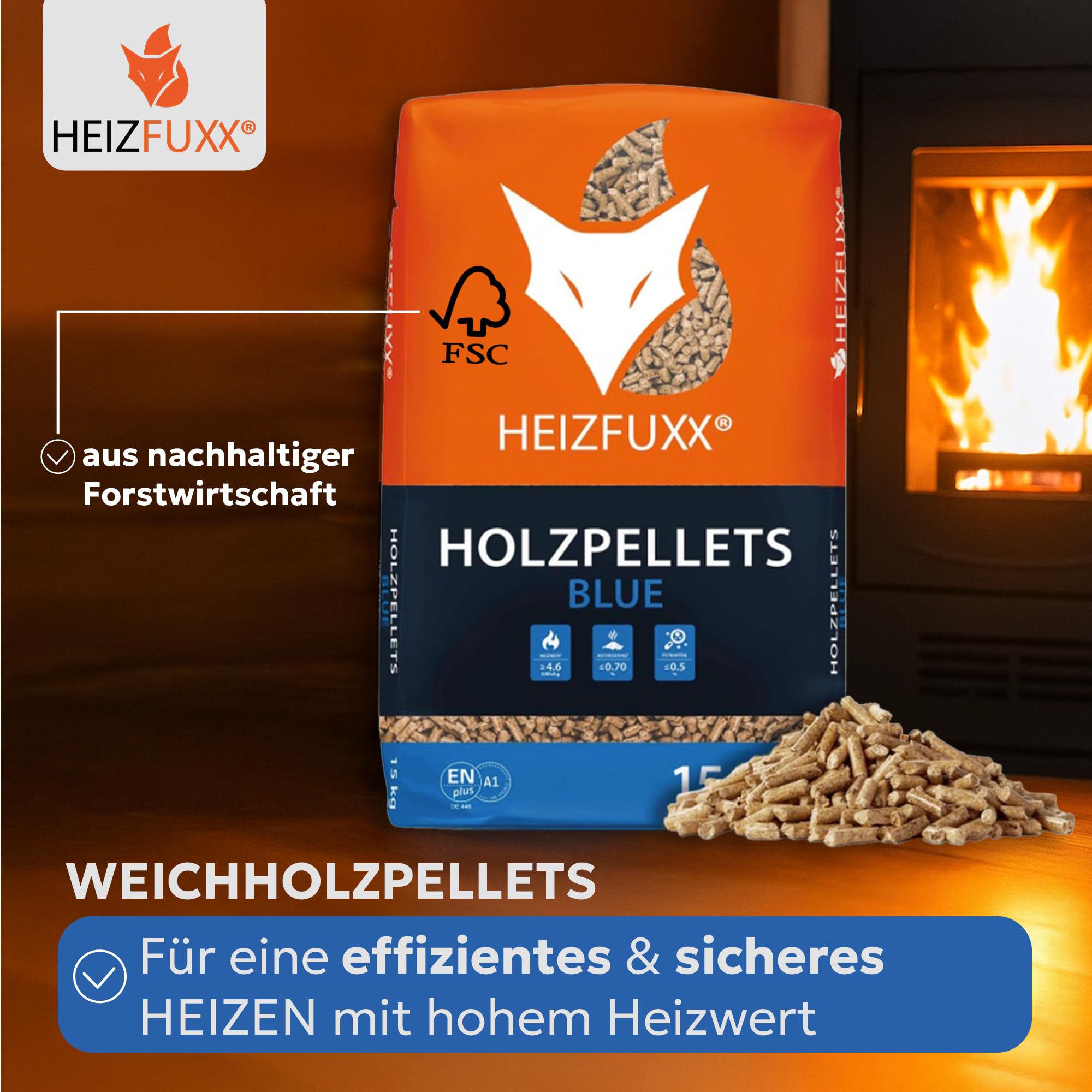HEIZFUXX Holzpellets Blue 6mm ENplusA1-975kg (65 x 15kg) - Weichholz