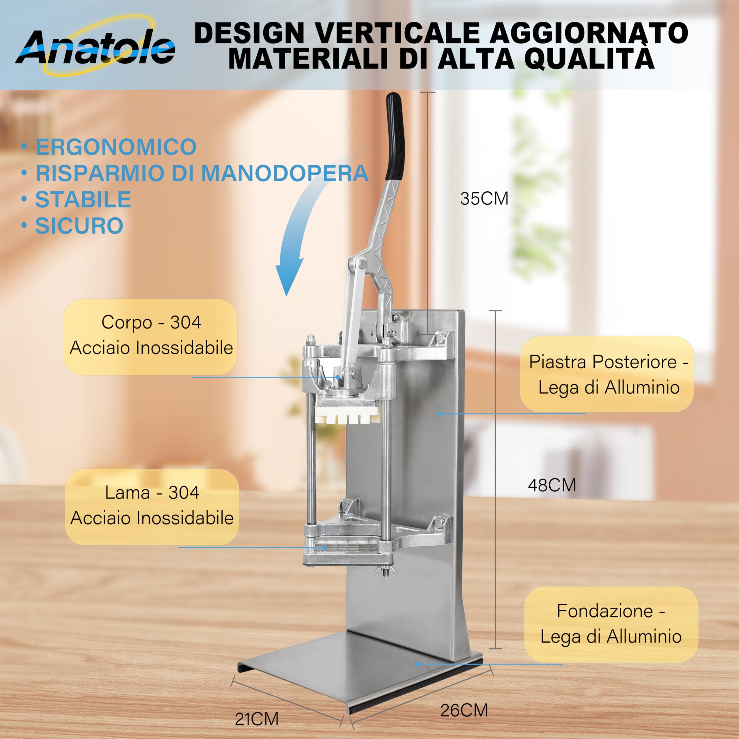 Anatole Tagliapatate per Patate Fritte Professionale Verticale con Lame 6mm 9mm 13mm Acciaio Inox Taglia Patatine Fritte Manuale Commerciale Tagliaverdure Multifunzione per Cipolle Carote Cetrioli