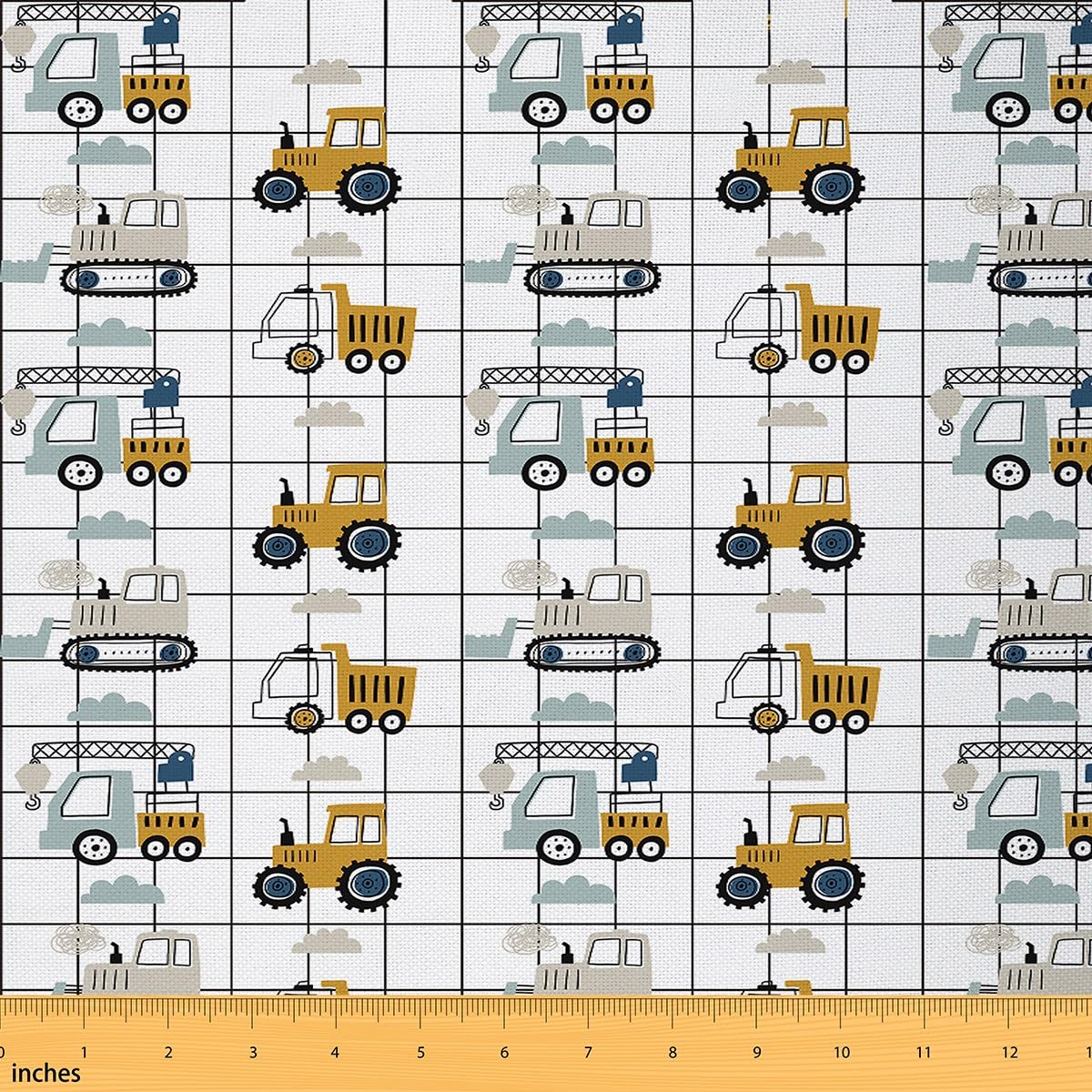Construction Fabric by The Yard Equipment Trucks Waterproof Outdoor Fabric Construction Vehicles Upholstery Fabric for Chairs Excavator Tractor Plaid Grid White Outdoor Fabric 10 Yards (L920*W150cm) — image 1