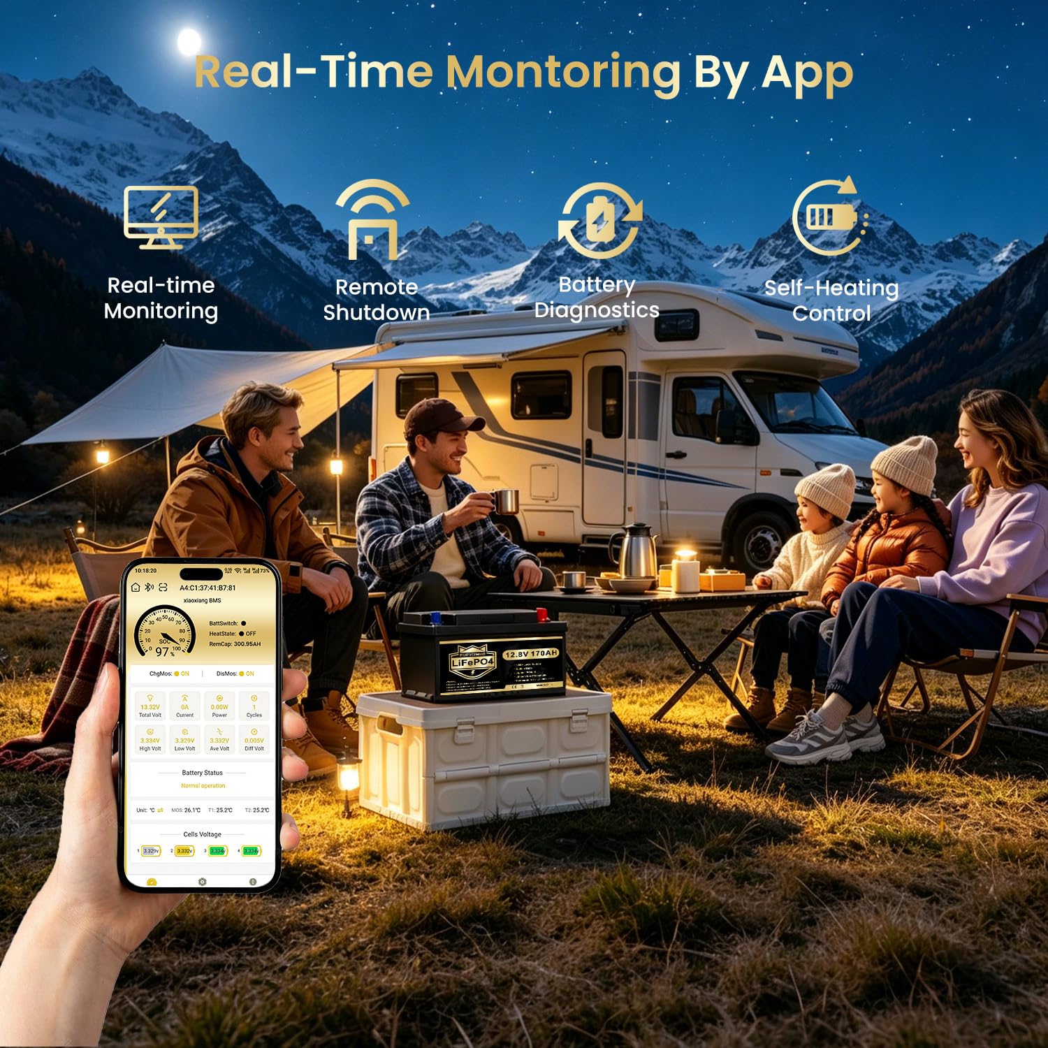 Batteria LiFePO4 12V 170Ah con Bluetooth e autoriscaldamento, BMS 150A, 15000 cicli, 2176Wh max, stop bassa temperatura. Ideale per camper, solare e motori elettrici.