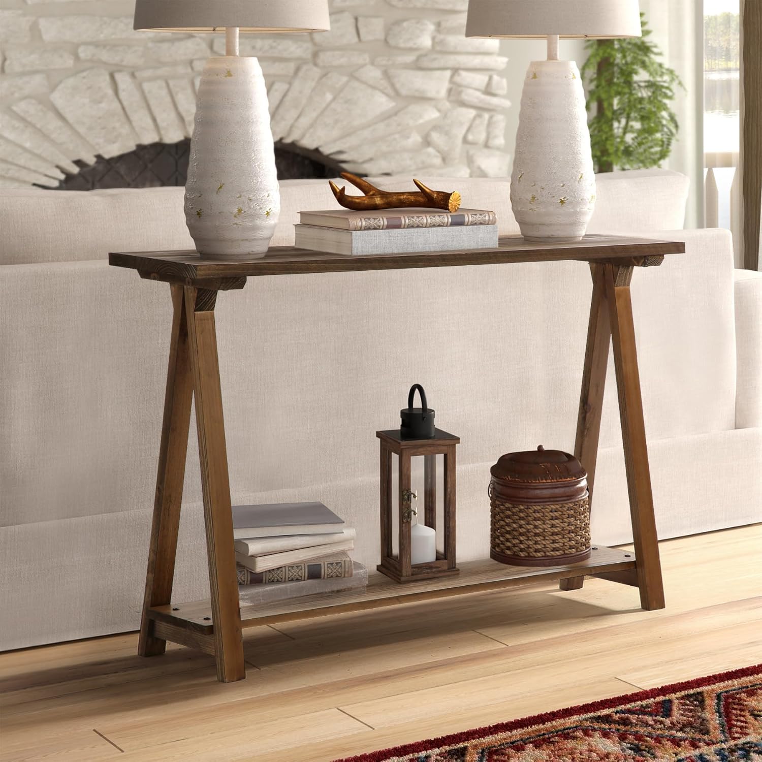 HOKYHOKY Solid Wood Console Tables - 43.3" Pinewood Farmhouse Rustic Hallway Table, Foyer Tables Living Room, Solid Firwood Sofa Table for Entryway, Brown