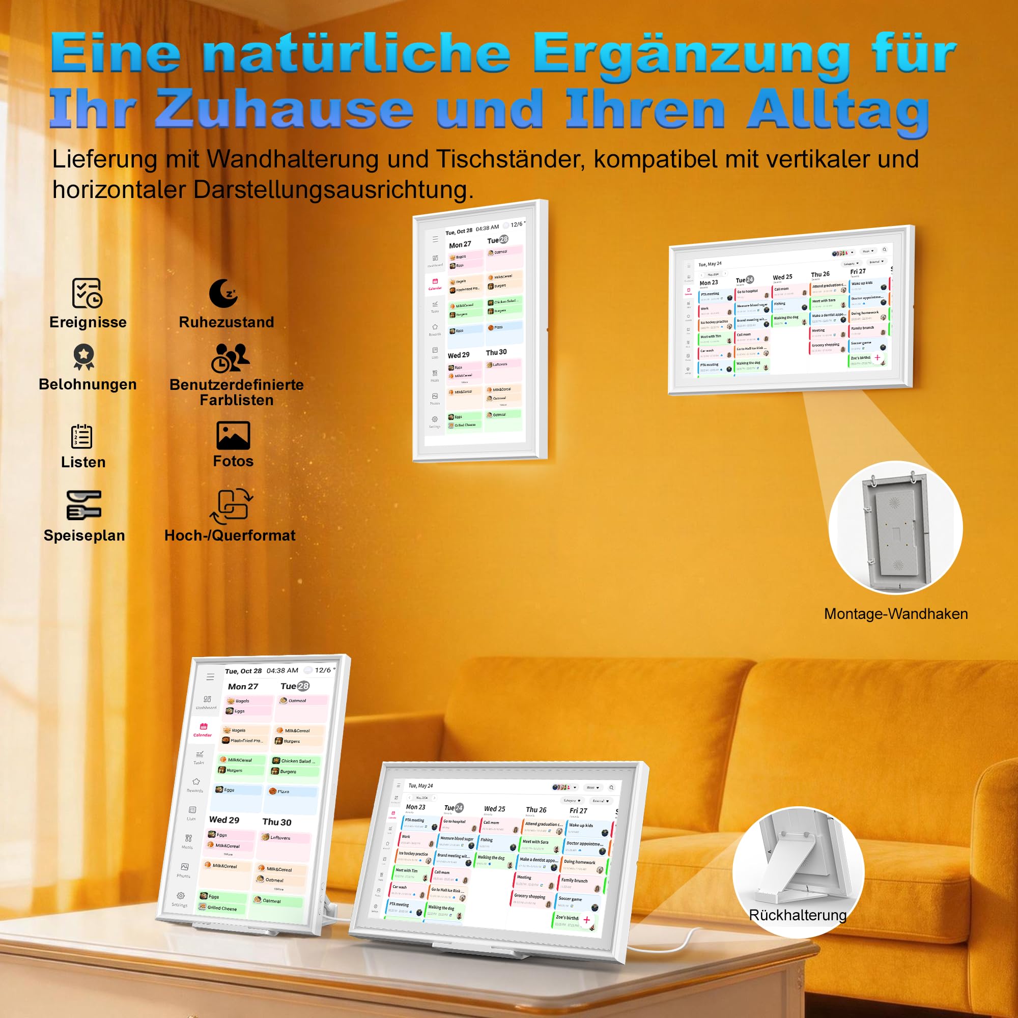 15.6 Zoll Digitaler Kalender Wand – 1920 * 1080 FHD Digitaler Wandkalender Familienplaner Intelligenter, 32GB Speicher, Wand/Desktop/Touchscreen, WiFi 6, Elektronischer Wandkalender