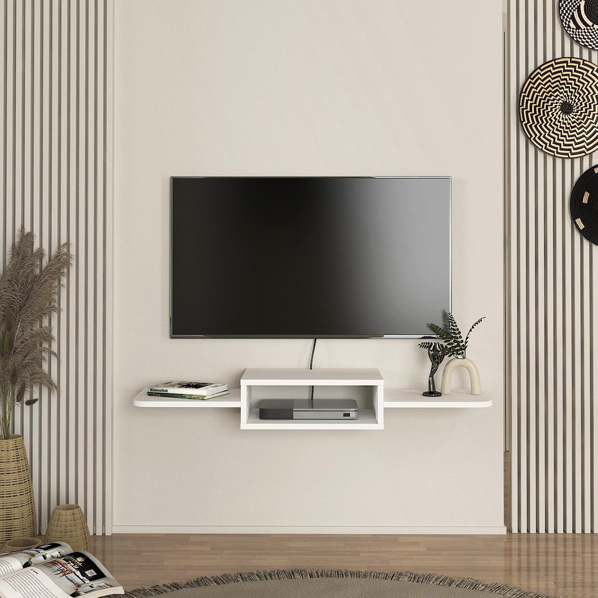[en.casa] Mobile Porta TV da Parete con Vano Aperto Mensola Sospesa con Ripiani Laterali e Fori Passacavi per Soggiorno Salotto Stand Multimediale 115 x 30 x 16 cm - Bianco