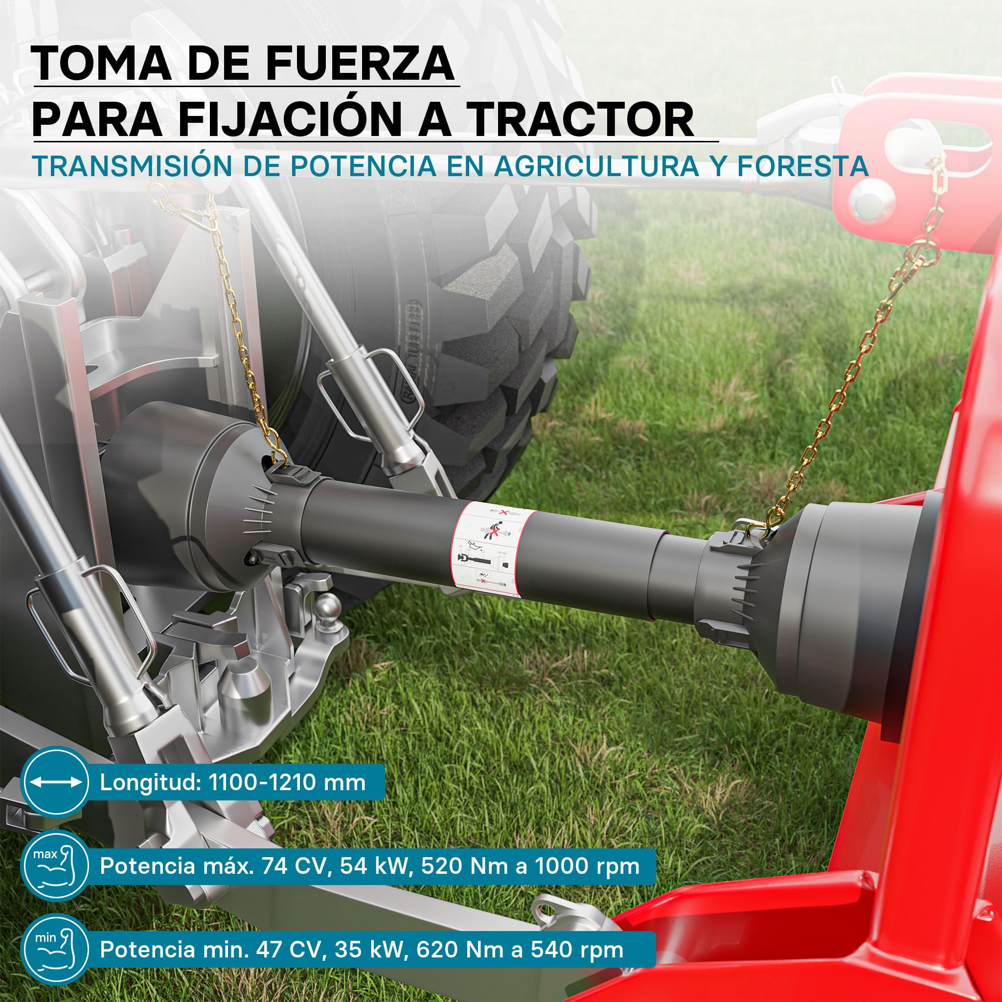 WilTec Toma de Fuerza T5 Eje transmisión cardán 1100-1210mm 620Nm 540rpm PTO 54kW (74CV) 2X 1 3/8" 6 dient.