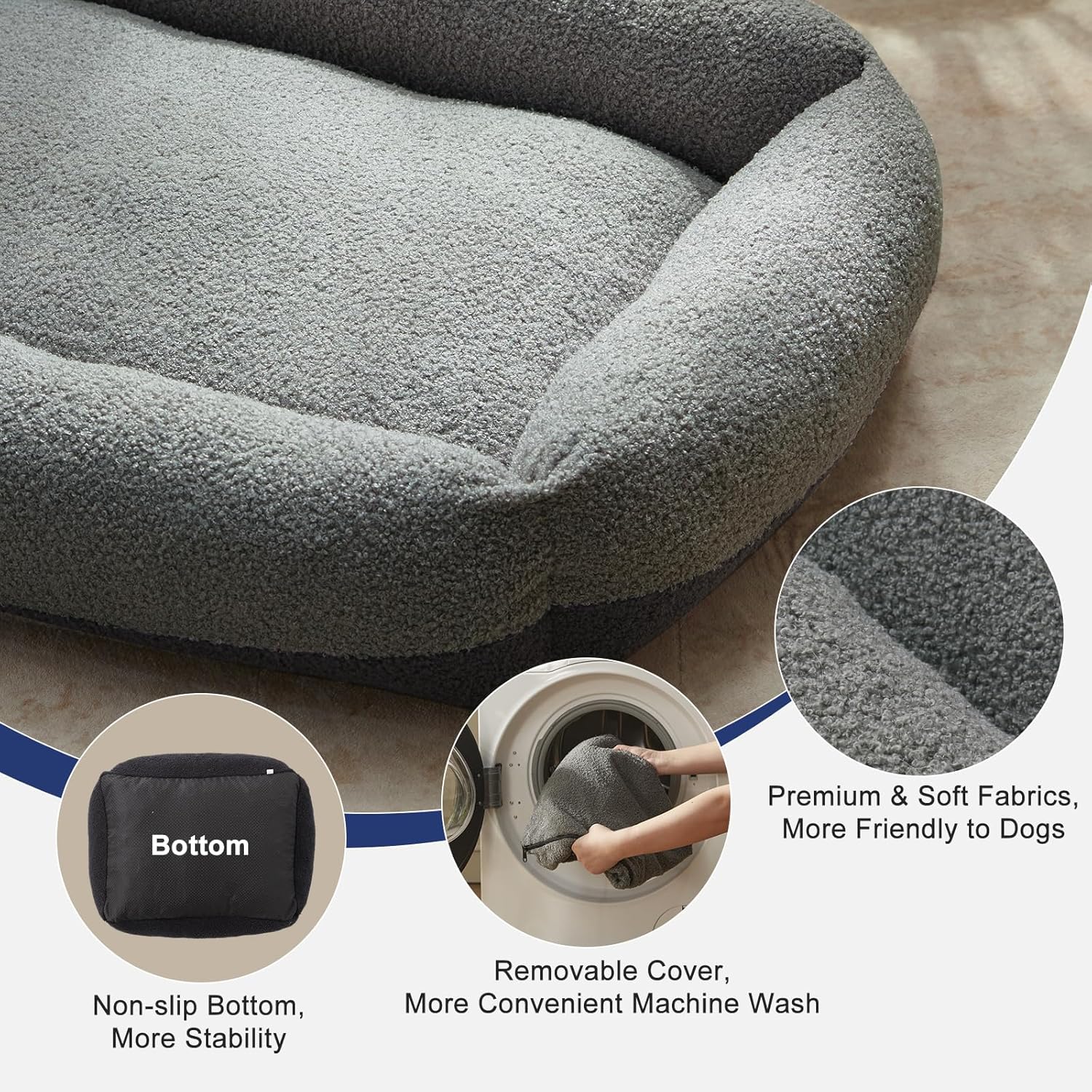 FURTIME Washable Dog Bed Extra Large Sized Dogs, Washable Comfy Fluffy XL Dog Bed, Removable Zipper Cover Machine Wash, Durable Sleeping Pet Cuddler Bed with Anti-Slip Bottom, 42x30x8 in, Dark Grey