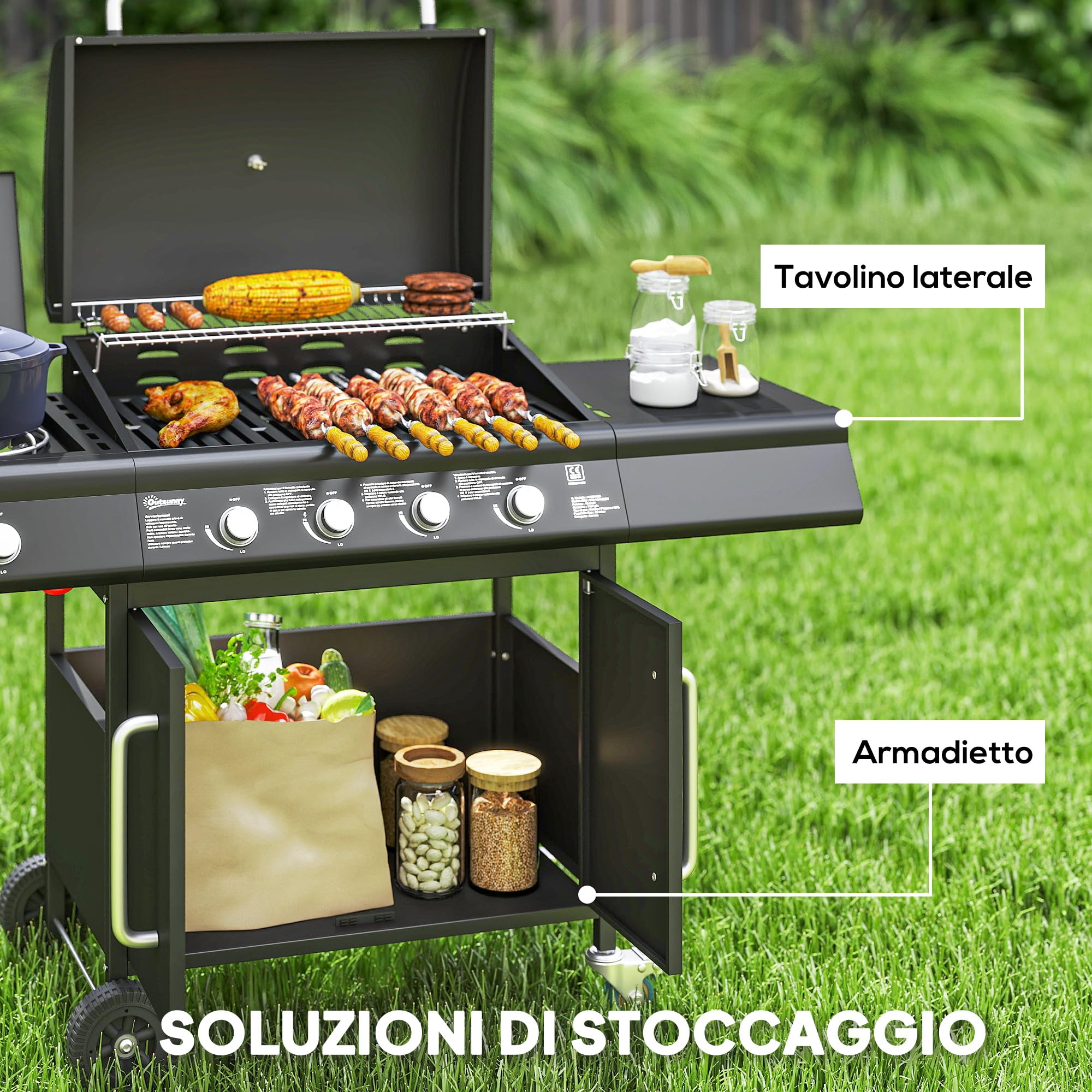 Outsunny Barbecue a Gas 4+1 Bruciatori 15.2 KW Acciaio PP con Ruote Armadietto Termometro Nero