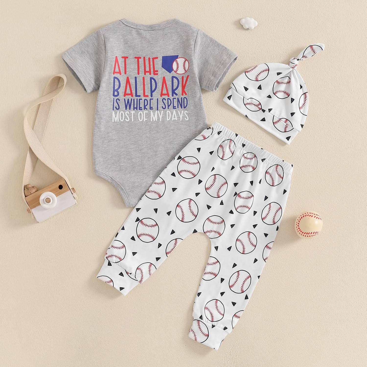 Lamuusaa Newborn Baby Boy Baseball Outfit Short Sleeve Baseball Romper Onesie Long Pants Hat 3Pcs Summer Clothes 0-18M - Image 7