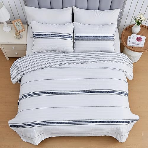 Miniatura 10 de Market & Place Juego de edredón reversible de 2 piezas con funda, colcha suave y ligera para todas las estaciones con patrón de rayas moderno