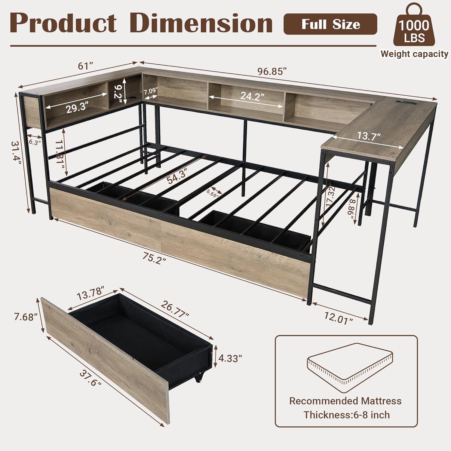 Twin Corner Bed with Desk and Storage Bookcase, Daybed with 2 Drawers, Twin Size Platform Bed Frame with Charging Station and LED Light, Modern Teenagers Bedframe, Noise-Free, Grey