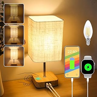 Touch Bedside Table Lamp,Dimmable Touch Control Nightstand Lamps with USB-C&USB-A Charging Ports,Small Lamp Wood Base Beige Flaxen Fabric Shade for Bedroom,Living Room,Office,Dimmable Bulb Included
