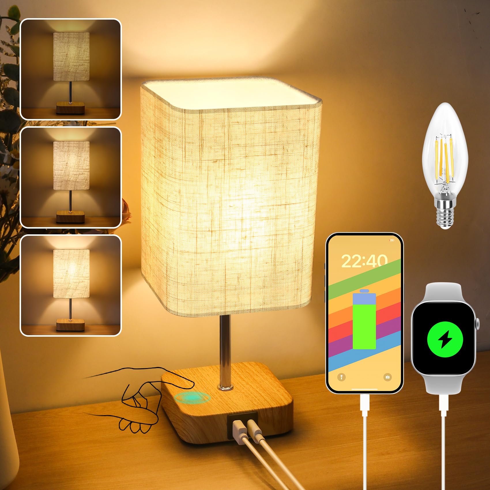 Touch Bedside Table Lamp,Dimmable Touch Control Nightstand Lamps with  USB-C＆USB-A Charging Ports,Small Lamp Wood Base Beige Flaxen Fabric Shade