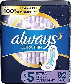 Always Ultra Thin Feminine Pads for Women, Size 5, Extra Heavy, Overnight Absorbency with Wings, 46 Count x 2 Pack (92 Count total)