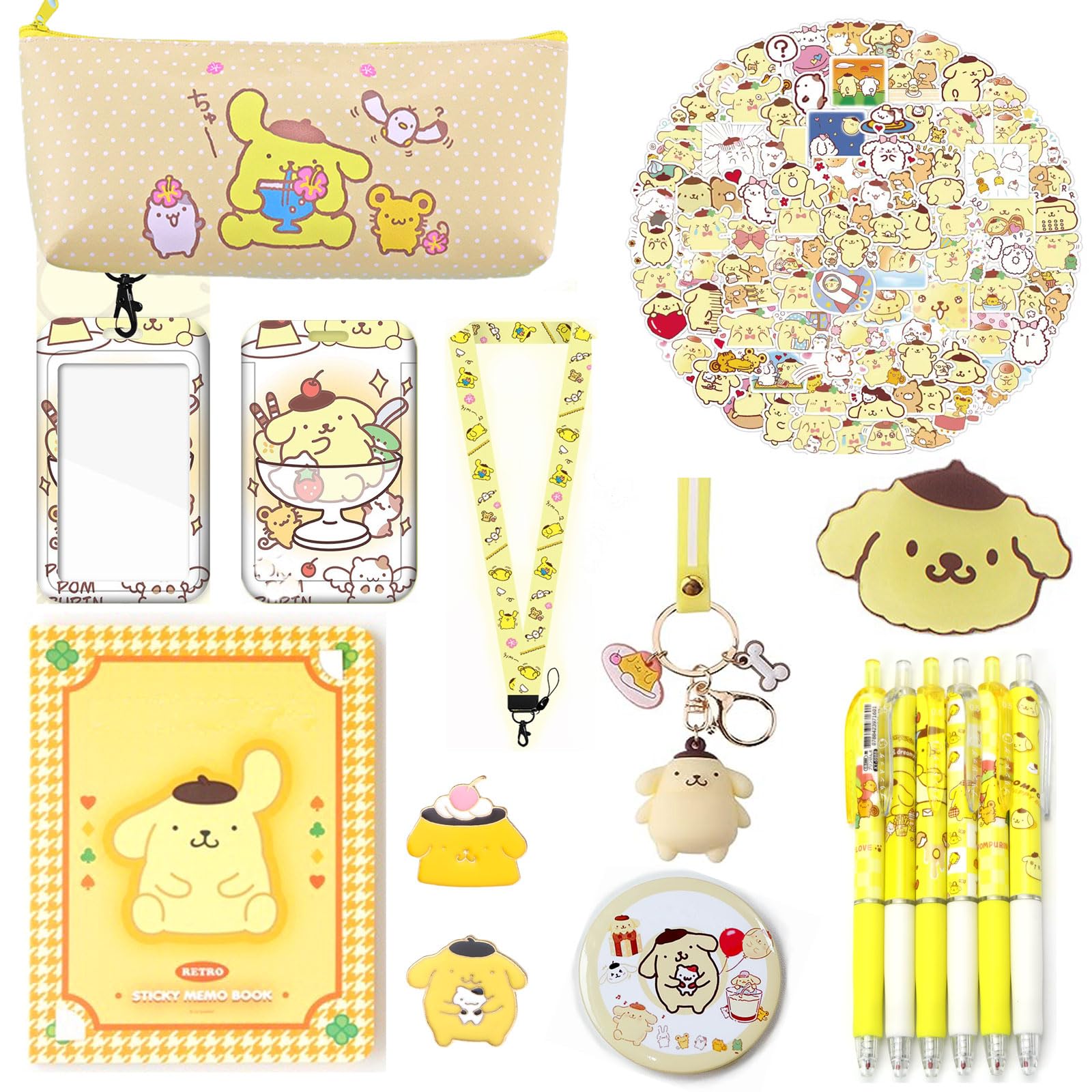 Cute Pompompurin School Supplies Set Kawaii Office Supplies Gift Set Including Gel Ink Roller Pens Stickers Pencil Case ID Badge Stickers Button Pins Key Chain Phone Ring Holder