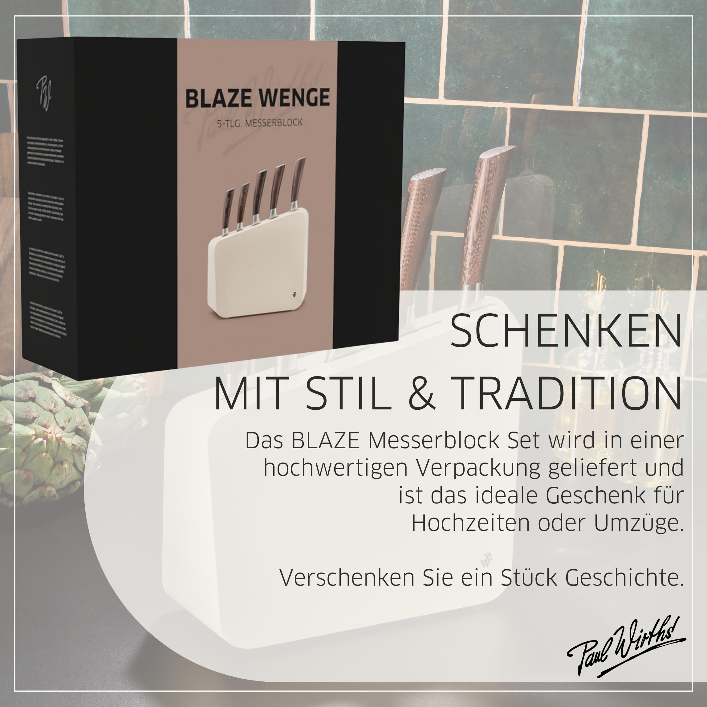 PW BLAZE Messerblock 5-tlg, MOV-Klingenstahl, Wengenholzgriffe | asymmetrisches Design, elfenbeinfarbener Block, Kochmesser 8", Tranchiermesser, Brotmesser, Allzweck- & Gemüsemesser