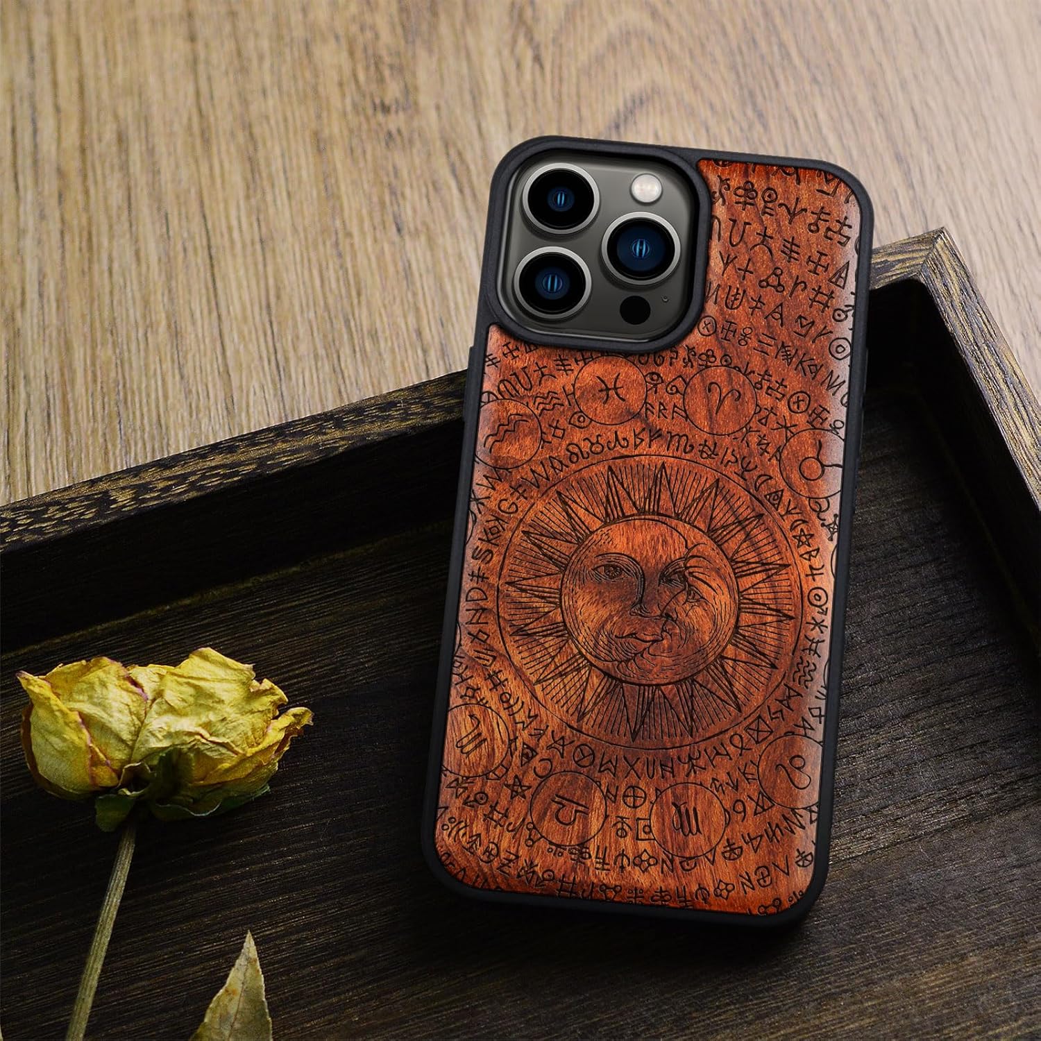 Carveit Magnetic Wooden Case for iPhone 15 Pro Max Case, Compatible with MagSafe Wireless Chargers, Black Soft TPU Shockproof Cover & Wood Artisan Engraved (Sun and Moon) - Rosy