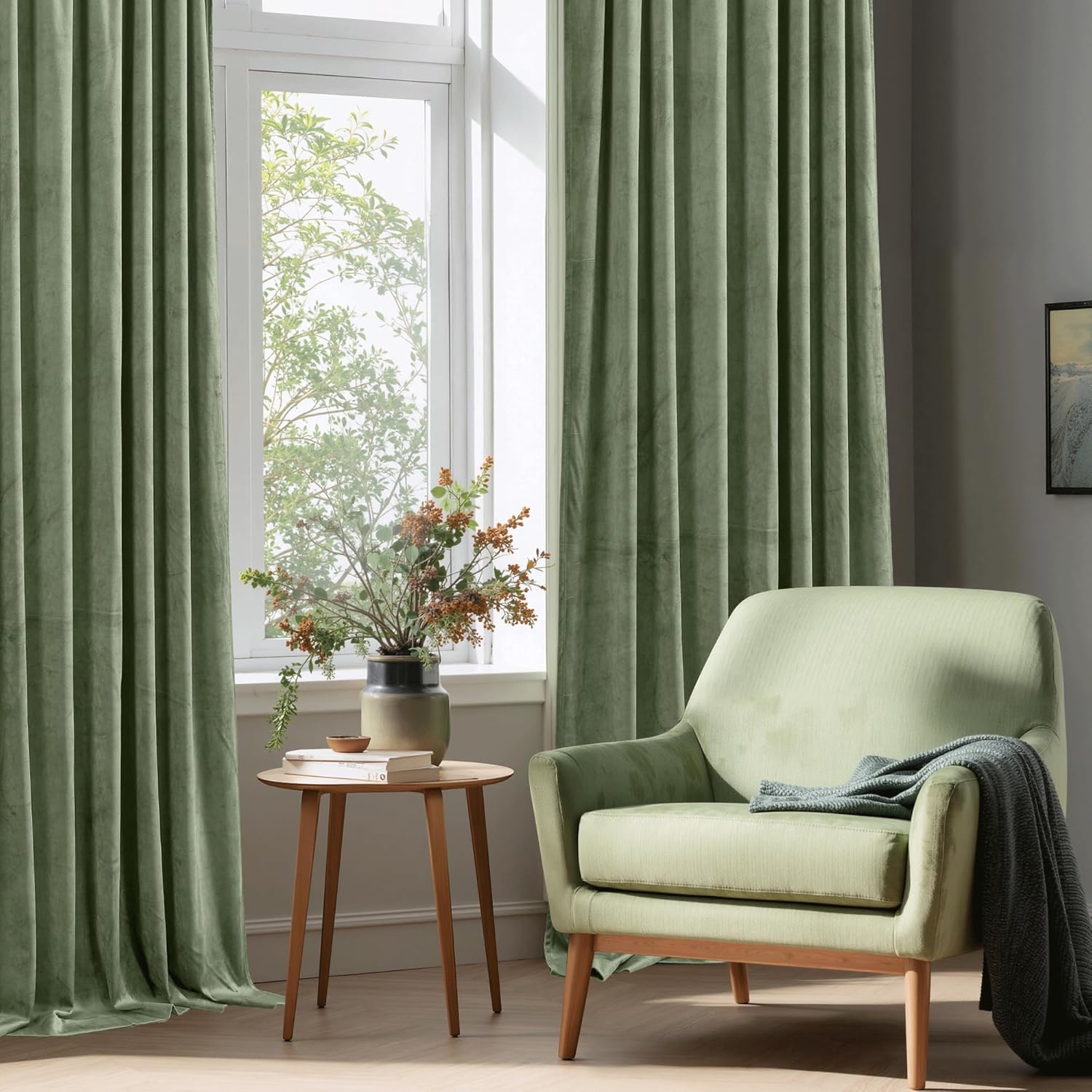 StangH Sage Green Velvet Curtains for Living Room Super Soft Thermal Insulated Privacy Protection Room Darkening Drapes for Bedroom/Nursery, W62 x L96, 2 Panels